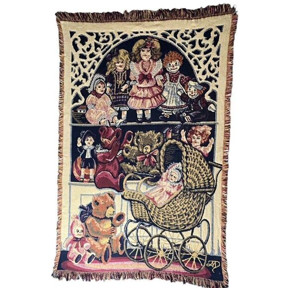 Raggedy Ann Andy Dolls Tapestry Blanket Woven Throw Teddy Bear‎ Carriage Nursery - Picture 1 of 4